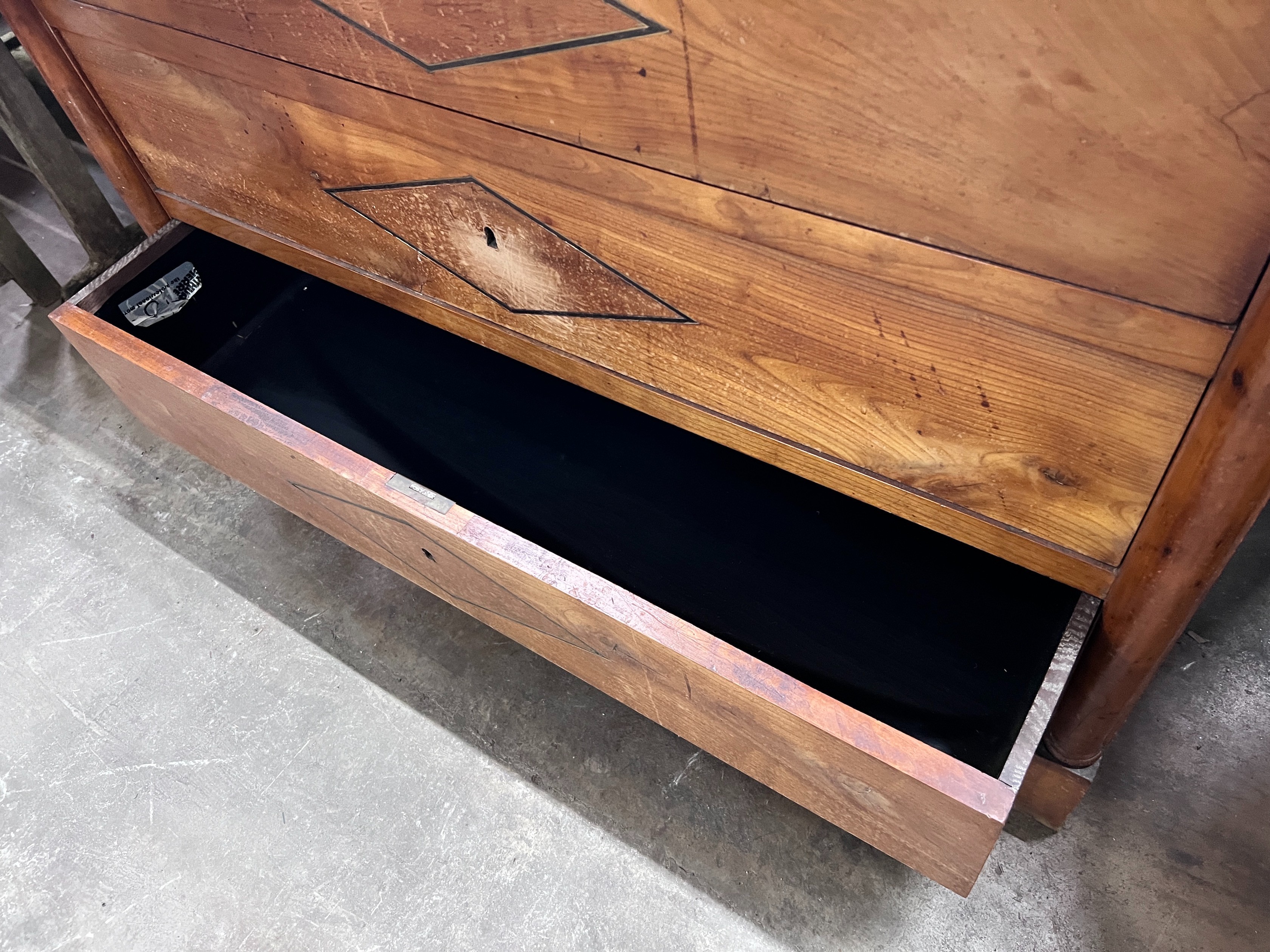A 19th century continental fruitwood commode with grey marble top, width 122cm, depth 58cm, height 90cm *Please note the sale commences at 9am.